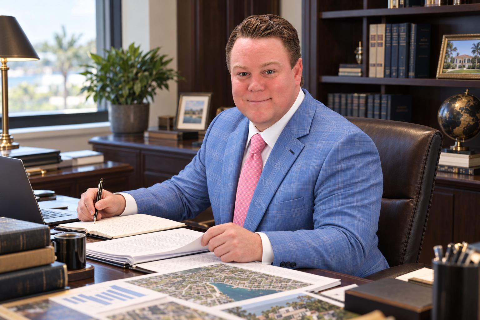 Ryan W. Gallagher looking up from legal and real estate research at his office desk